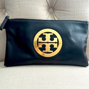 Genuine Black Leather Tory Burch Clutch with Gold logo
